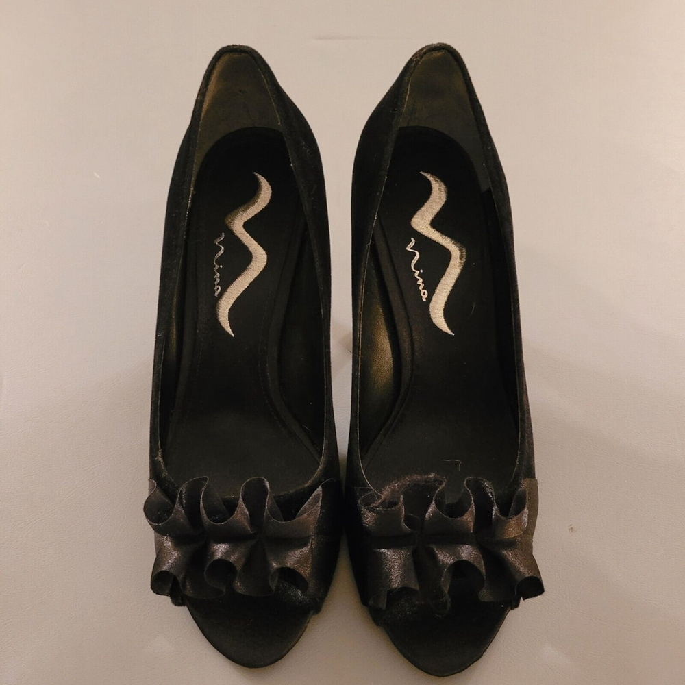 Nina Shoes Heels Peep Toe Fabric Bow Black Womens Size US 8 1/5 M EU 38 1/2